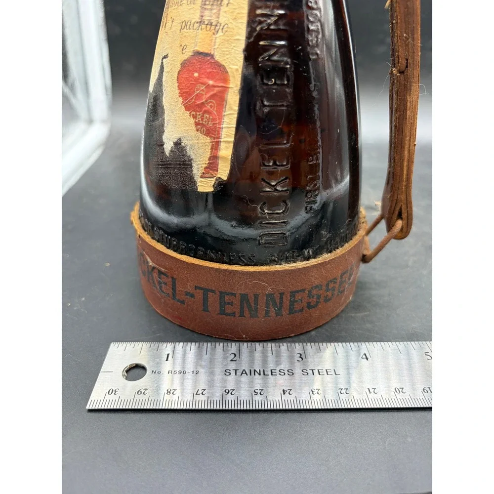 Vintage George Dickel Tennessee Whisky Powder Horn Amber Glass Bottle Leather